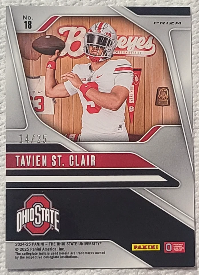 2025 Panini Ohio State Tavien St. Clair #/25 Silver Vinyl PRIZM NIL Buckeyes SP - Image 2 of 2