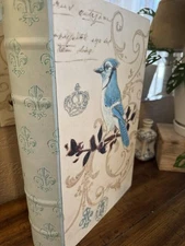 15" French Country Bird Fleur De Lis Faux Book Box Storage Blue Green Deep
