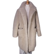 Misspap Womens Faux Fur Teddy Coat Ivory Collared Long Sleeve Pockets Size 12