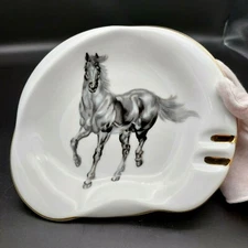 Vintage Ashtray Horse Stallion Ceramic White Goldtone Trim 8.5"