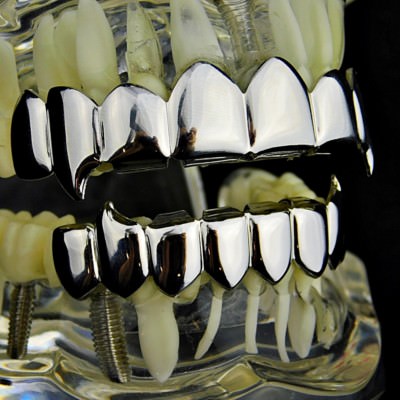Fang Grillz Set Eight Top 8 Bottom 16 PC Teeth Fangs Silver Tone Vampire Grills