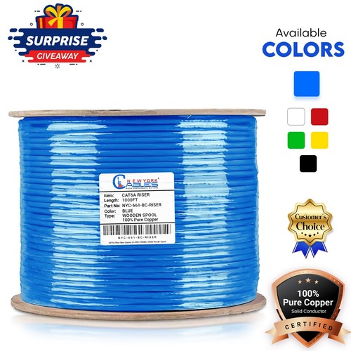 CAT6A Riser 1000ft Ethernet Cable Solid Bare Copper CMR 750Mhz UTP Bulk Blue - Afbeelding 1 van 52