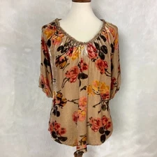 Sundance All Hours Beige Floral Velvet Short Sleeve Top