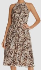 $845 Elie Tahari Women Beige Zebra Crew-Neck Halter Sleeveless Silk Dress Size 8