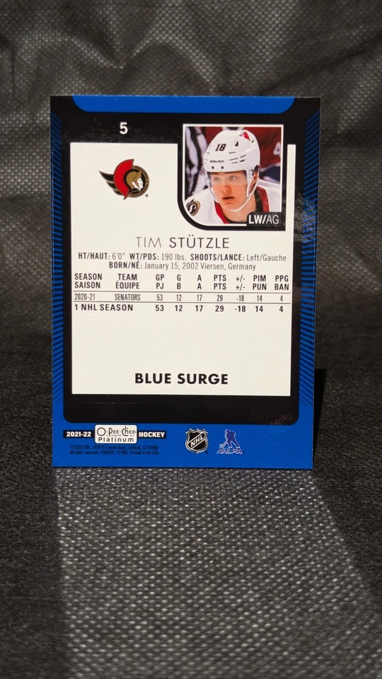 2021-22 O-Pee-Chee Platinum Blue Surge #5 Tim Stutzle Ottawa Senators - Image 2 of 2