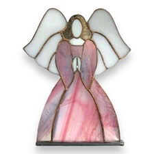 Vintage Stained Slag Glass Angel On Stand 9.5  Sun Catcher Pink/White
