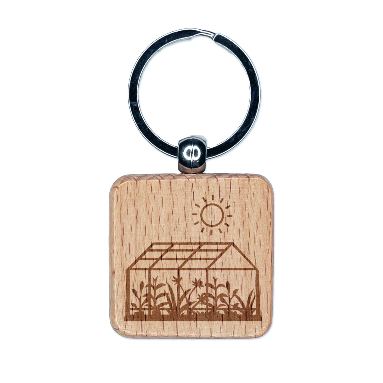 Glass Greenhouse with Sun and Plants Engraved Wood Square Keychain Tag Charm