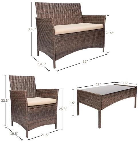 4 Pieces with Beige Cushion Brown Patio Furniture Set Outdoor Balcony Lawn Porch - Picture 6 of 6