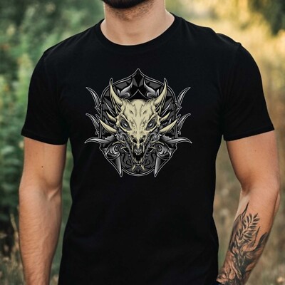 Mens Black Dragon Motif Cotton T-Shirt Size XS to 5XL