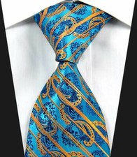 Hot Classic Pattern Stripe Blue Gold JACQUARD WOVEN 100 Silk Men's Tie Necktie