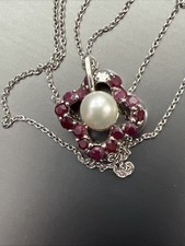 Necklace and Pendant Genuine Ruby and Pearl 4.33ctw 925 Sterling Silver New