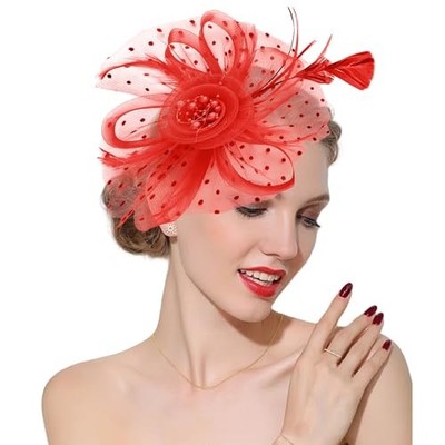 3753 Red Fascinators Hat Feathers On A Headband And Clip 20s 50s Pillbox Shop Fascinator Hat - Tea Party Feather Fascinator | BABEYOND main image 3
