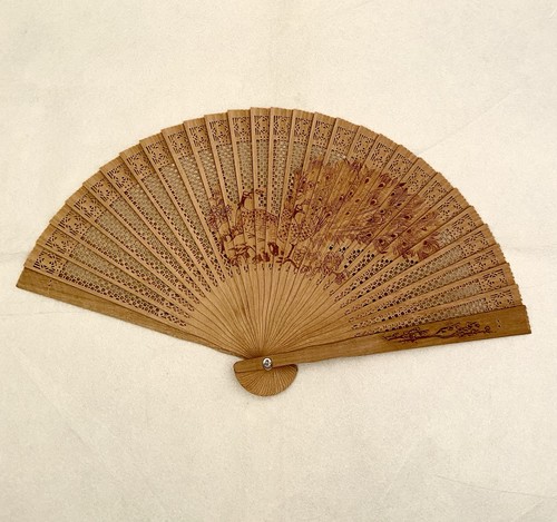Oriental Chinese Asian 9” Bamboo Wooden Folding Fan Peacocks