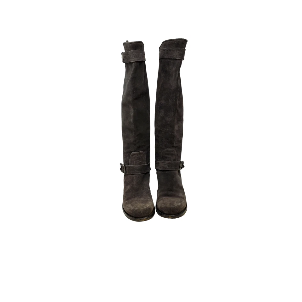 AGL 37.5 Gray Suede Tall Riding Boot Buckle Heel Chic Neutral Minimalist Career - Image 2 of 4