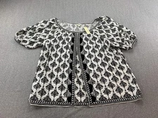 Max Studio Blouse Womens Small Black White Boho Puff Sleeve Floral Print Top NWT