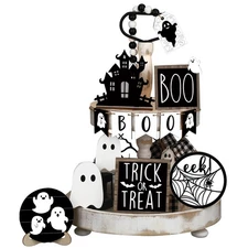Umigy 15 Pcs Halloween Tiered Tray Decor Set Cute Ghost Tray Decorations Boo ...