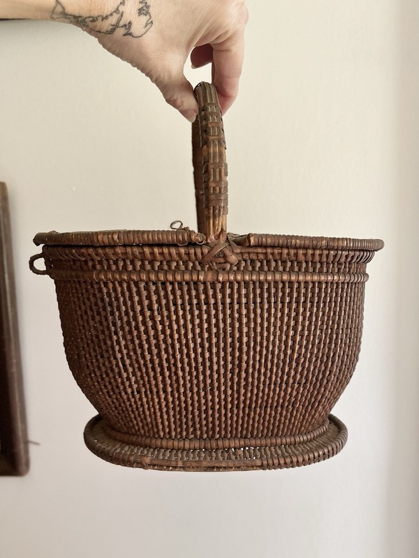 Antique 19th Century Fine Woven Skein Splint Willow Sewing Basket German Shaker