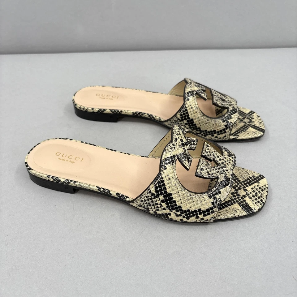 Gucci Shoes Womens Size 8 38 Beige Leather Snake GG Logo Slide Sandals Italy - Image 2 of 4