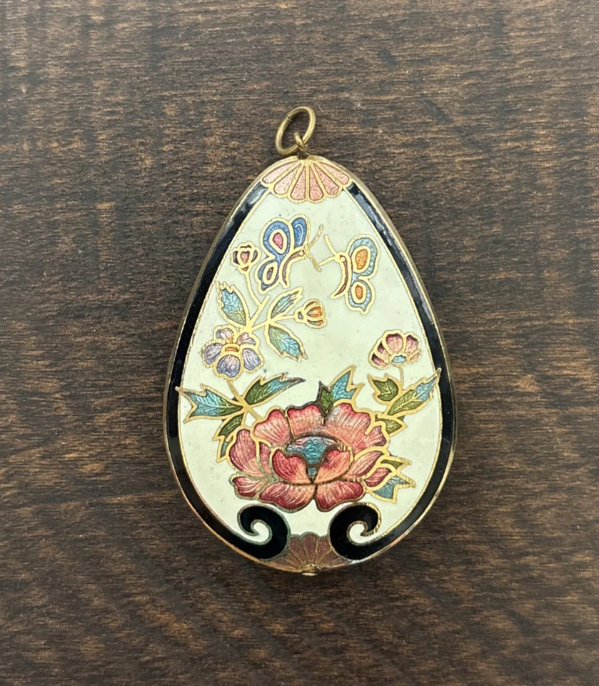 Старинный клуазоне овальная эмаль подвеска латуни цветочный двусторонний - Изображение 2 из 3
