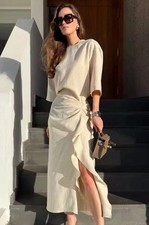 ZARA NEW WOMAN ZW COLLECTION DRAPED MIDI DRESS MID-ECRU SIZE XS 2100/828/715