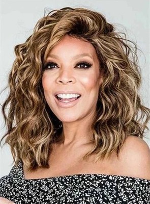 Real Human Hair New Women's Messy Loose Medium Brown Mix Blond Wavy Wigs 14 Inch