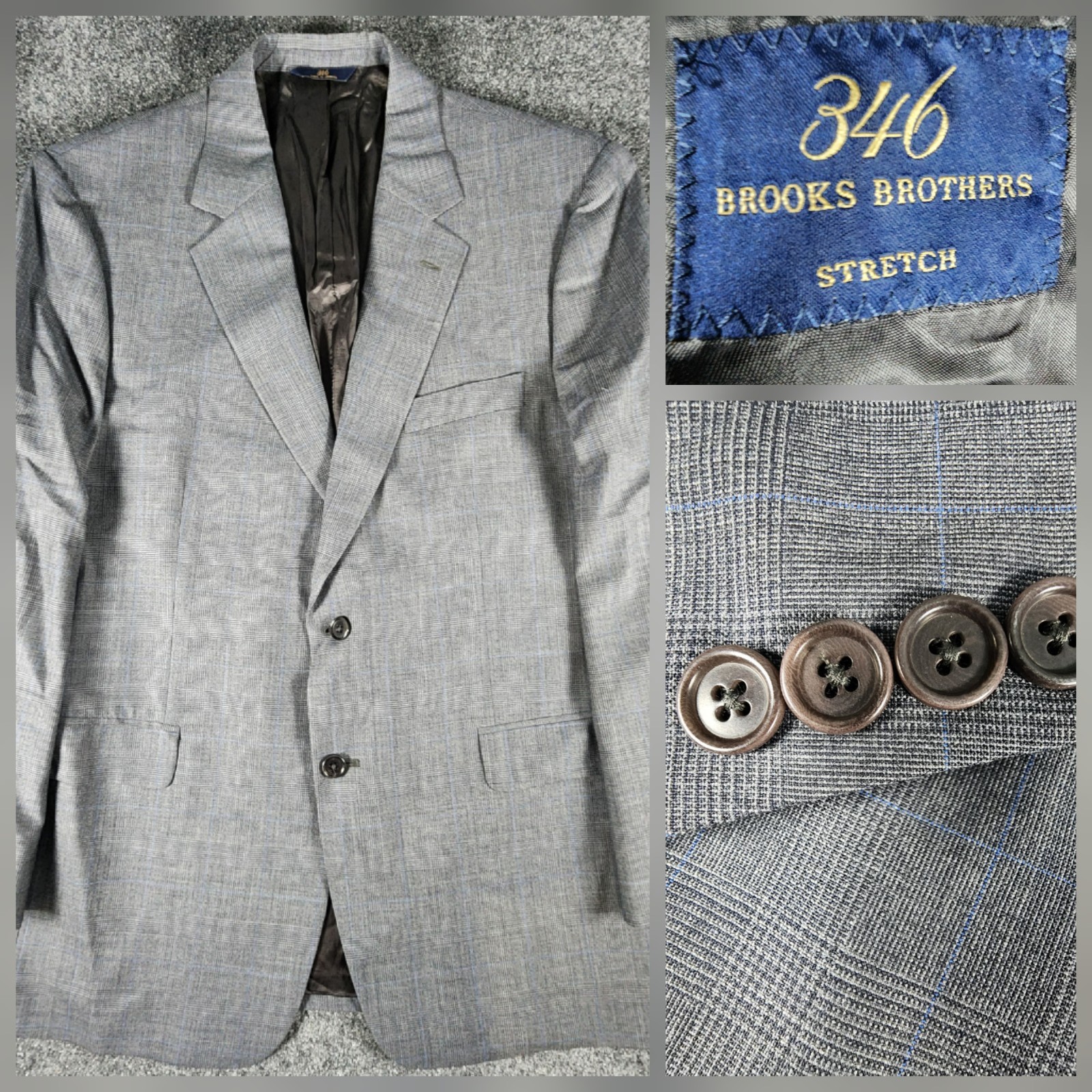 Brooks Bothers Men’s 346 Stretch Blazer 44R Wool Gray Glen Plaid Sport Coat