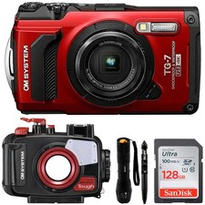 OM SYSTEM Olympus Tough TG-7 12MP 4K Underwater Camera, Red w/ Snorkeling Kit