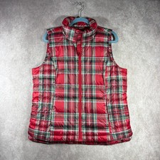 Lands' End Down Puffer Vest Womens Large 14/16 Red Tartan Plaid Zip Insulated