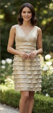 London Times Gold Tiered Midi Dress 8 Sleeveless Elegant Party Cocktail Elegant