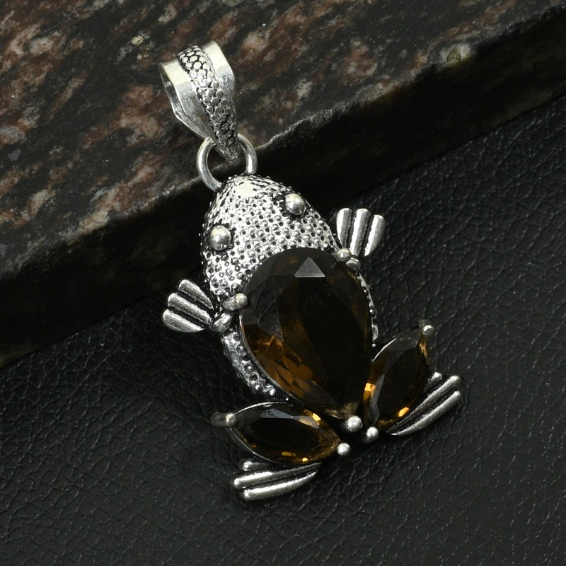 Smoky Quartz Gemstone Handmade Frog Pendant Jewelry For Unisex 1.92" AP-37556