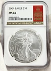 2004 $1 American Eagle RED BOOK LABEL NGC MS69 1 oz .999 Fine Silver US Coin