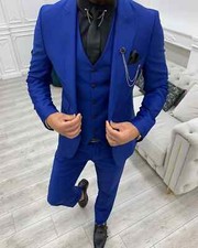 Men Suit Blue Peak Lapel Bridegroom 3 Pcs Blazer Pant Vest Wedding Man Suit
