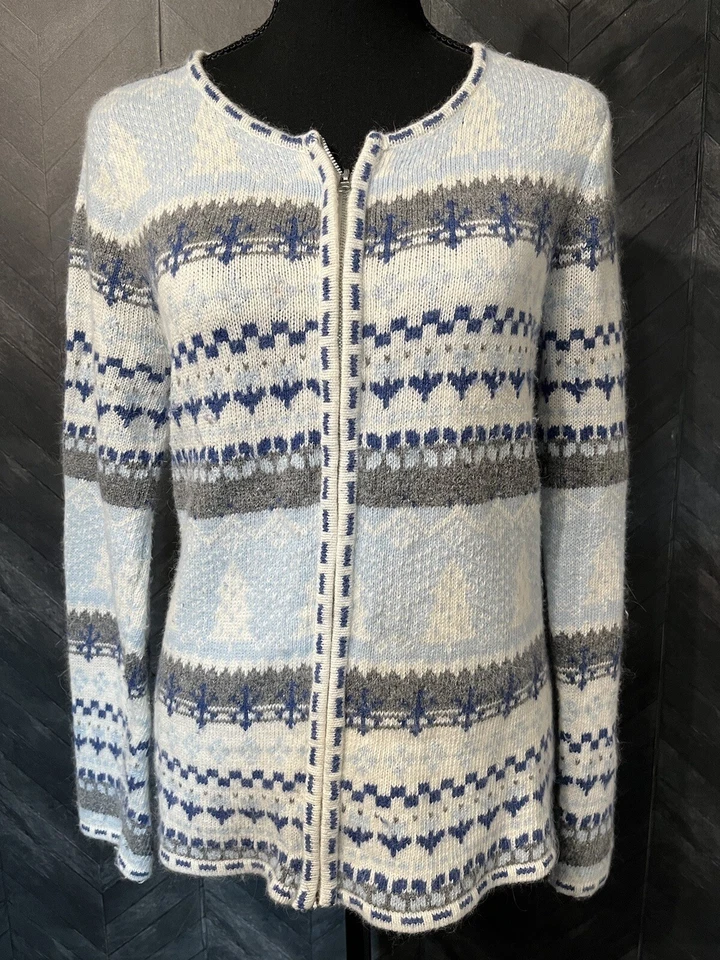 Cardigã feminino Chadwick tamanho M estampa nórdica cabelo de coelho/lã mistura zíper completo azul - Imagem 2 de 4