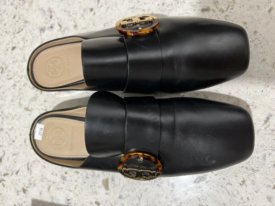 TORY BURCH SIDNEY BACKLESS LOAFER/MULE TORTOISE/GOLD LOGO; SIZE 6M