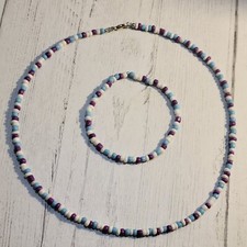Summer Beach Handmade Boho Choker Beaded Necklace Bracelet Set Purple Blue