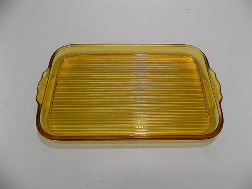 Amber Pressed Glass Tab Handled 10-3/8" x 6-1/8" Ribbed Serving Vanity Tray