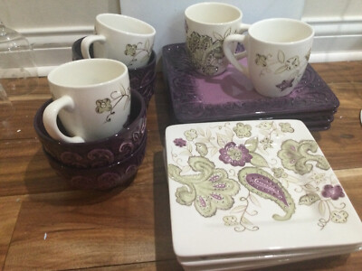 Laurie Gates Melrose Square 16 pc service  for 4 Plates Purple Embossed SCROLLS