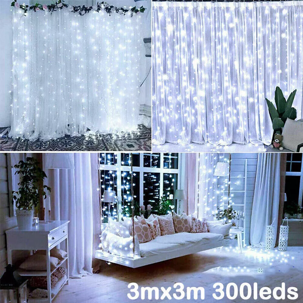 Warm white light cascading from curtain setup