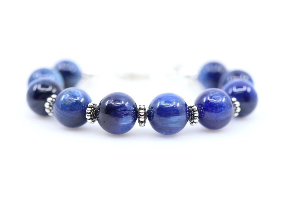 Huge 12mm Navy Blue Kyanite Statement Bracelet, Sterling Silver Gemstone Jewelry - Image 3 of 4