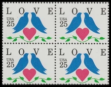 US 2440 Love Birds 25c block 4 MNH 1990