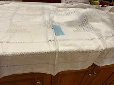 White Pulled Work Floral And Square Pattern Tablecloth 53" X 73" BEAUTIFUL