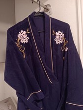 Vintage Eggplant Purple Velour Embroidered Robe Belted Housecoat XL Knee Length