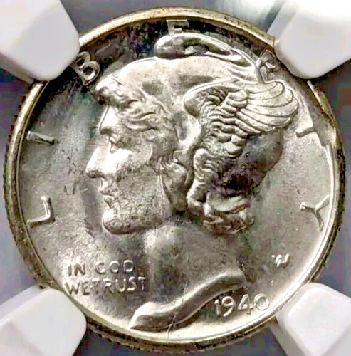 1940-S Mercury Silver Dime NGC MS-66 Curved Rim Clip @2:00 Clipped Mint Error