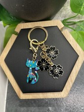 3" Gold-tone Cat Flower Enamel Charm Keychain New Free Ship B4074