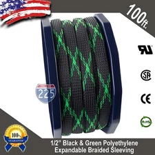100 FT 1/2" Black Green Expandable Wire Sleeving Sheathing Braided Loom Tubing 