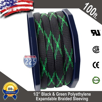 100 FT 1/2'' Black Green Expandable Wire Sleeving Sheathing Braided Loom Tubing 