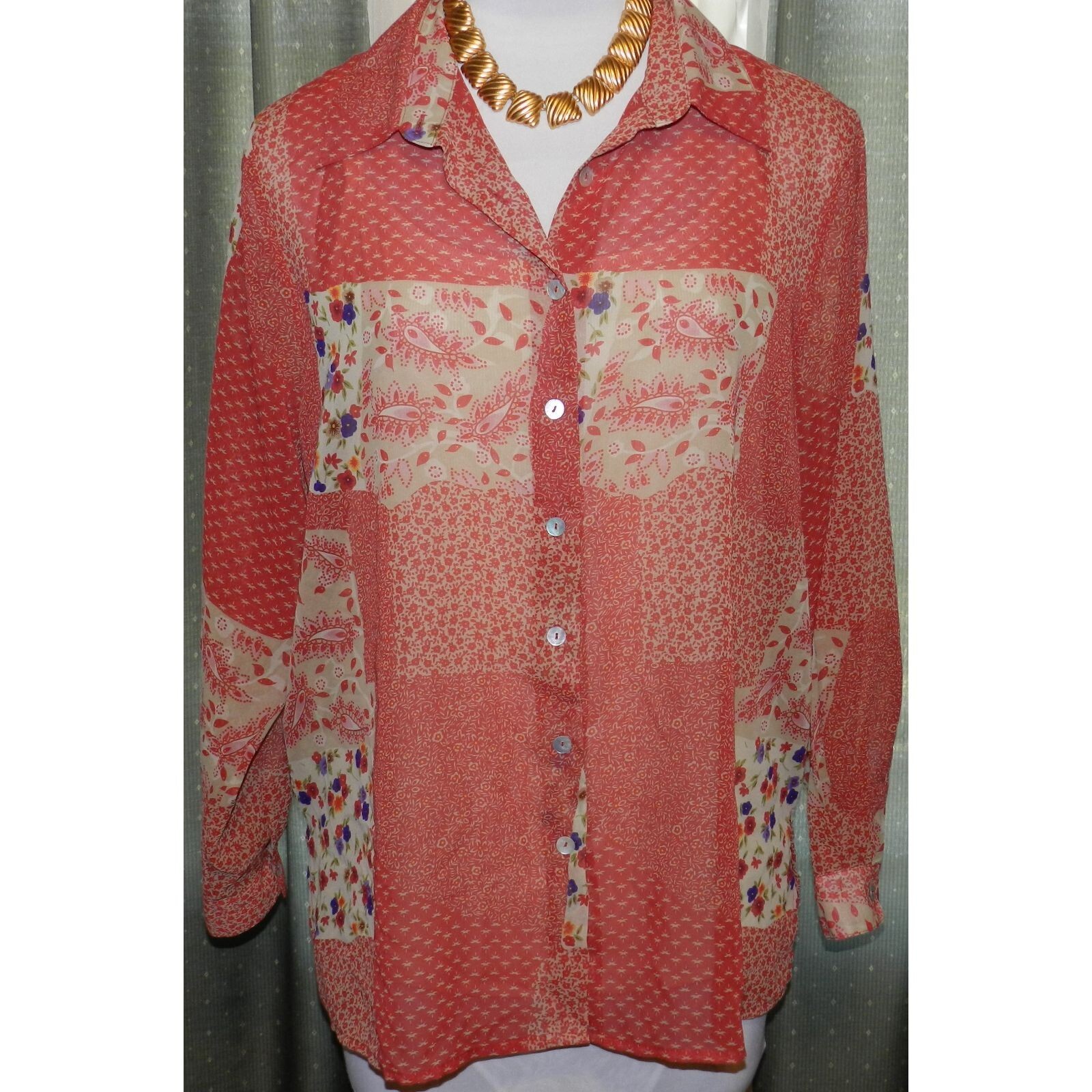 Impressions size 1X sheer patchwork print buttone… - image 1