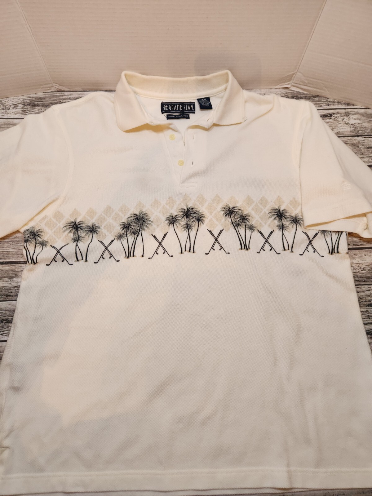 VTG GRAND SLAM Off White Golf Design SHORT SLEEVE Men's POLO SHIRT Sz M