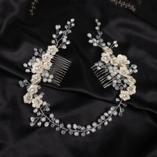 Bridal White Flowers Crystal Pearl hair comb Silver Hair Accessories for Wedd...