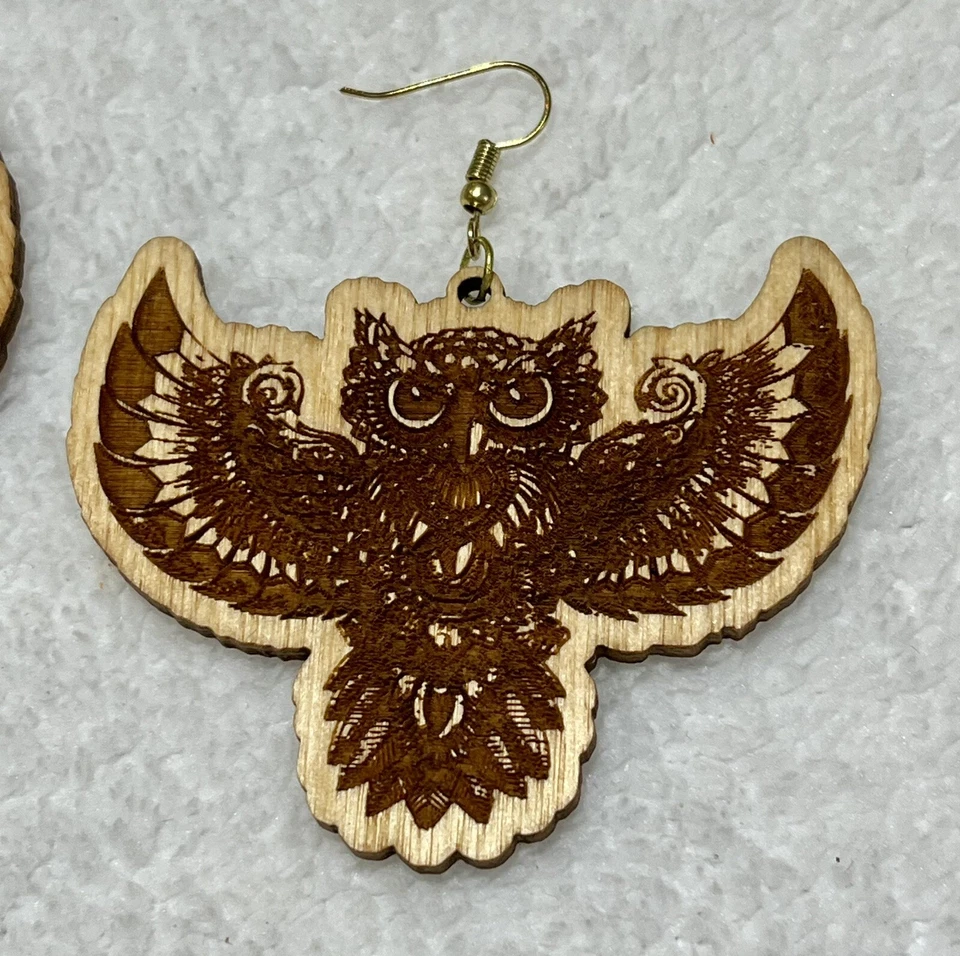 Artisan Made Wooden Owl Flying Earrings Boho Western Avant Garde Natural - Image 3 of 4